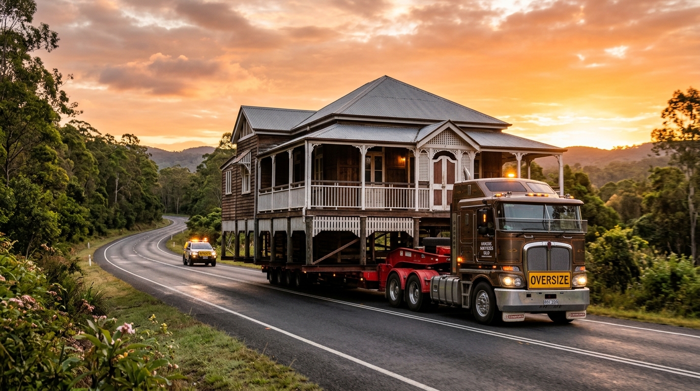 Queenslander house on an oversize low-loader truck during a house relocation in Queensland